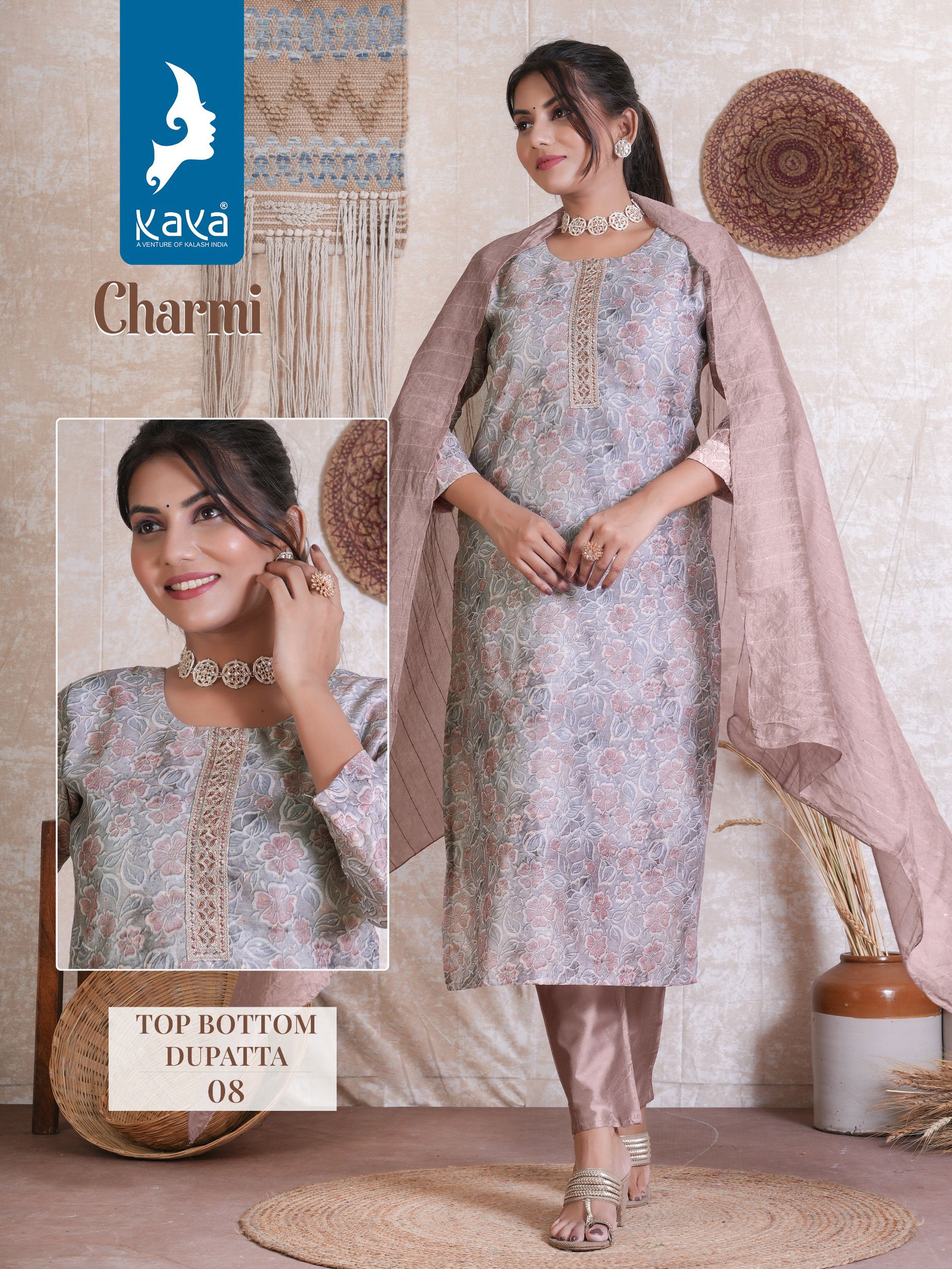 Charmi By Kaya Chanderi Butti Silk Kurti With Bottom Dupatta Wholesale Price In Surat